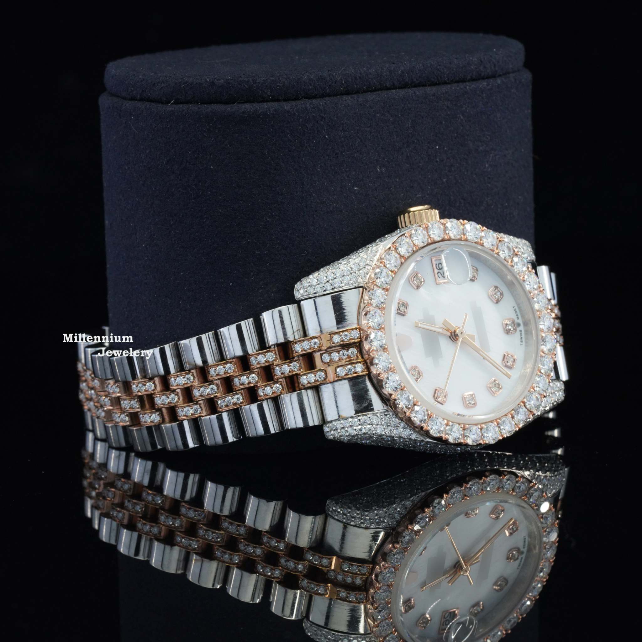 Luxurious White Dial Moissanite Watch Automatic Two Tone Watch With Diamond Body