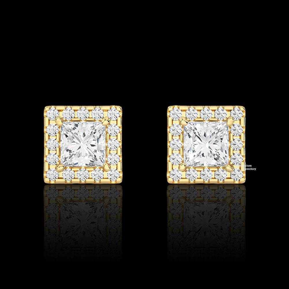 Halo Princess And Round Cut Moissanite Stud Earrings 2ct