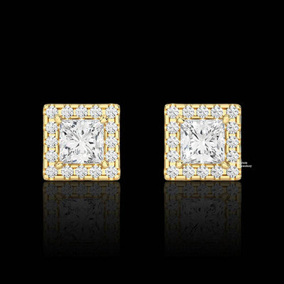 Halo Princess And Round Cut Moissanite Stud Earrings 2ct