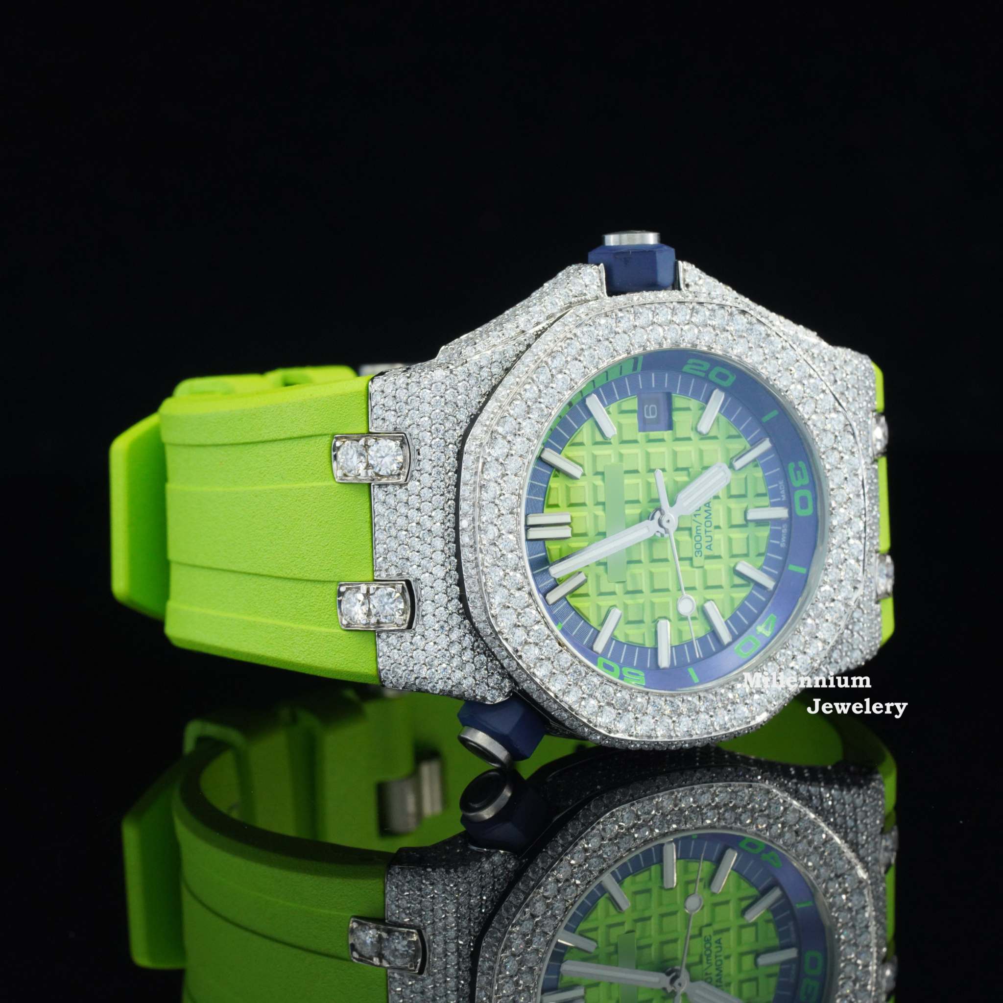 Iced Out Moissanite Watch And Green Color Belt Automatic Watch For Men