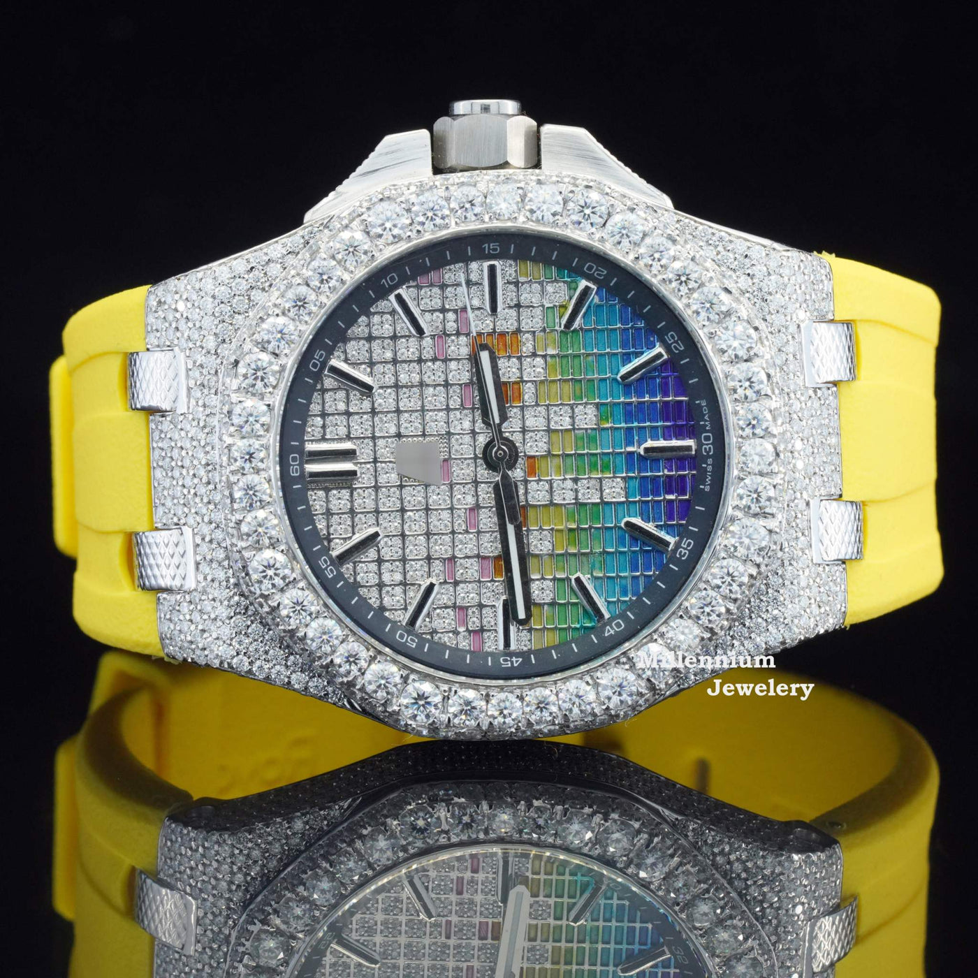 Music Edition Fancy Dial Moissanite Diamond With Yellow Rubber Belt With Colorful Dial