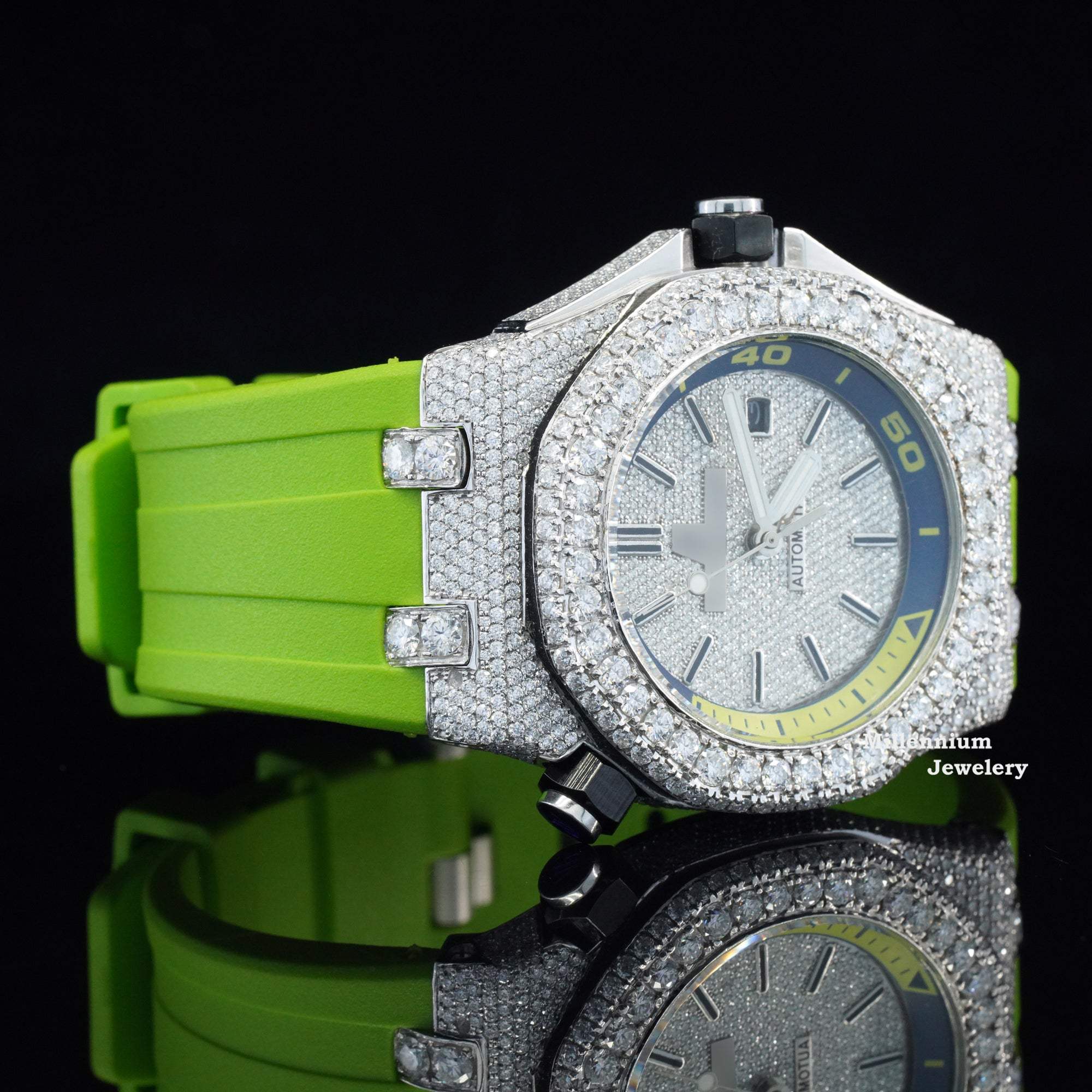 Moissanite Diamond Watch Iced Out Green Belt Automatic Wrist Watch