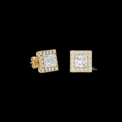 Halo Princess And Round Cut Moissanite Stud Earrings 2ct