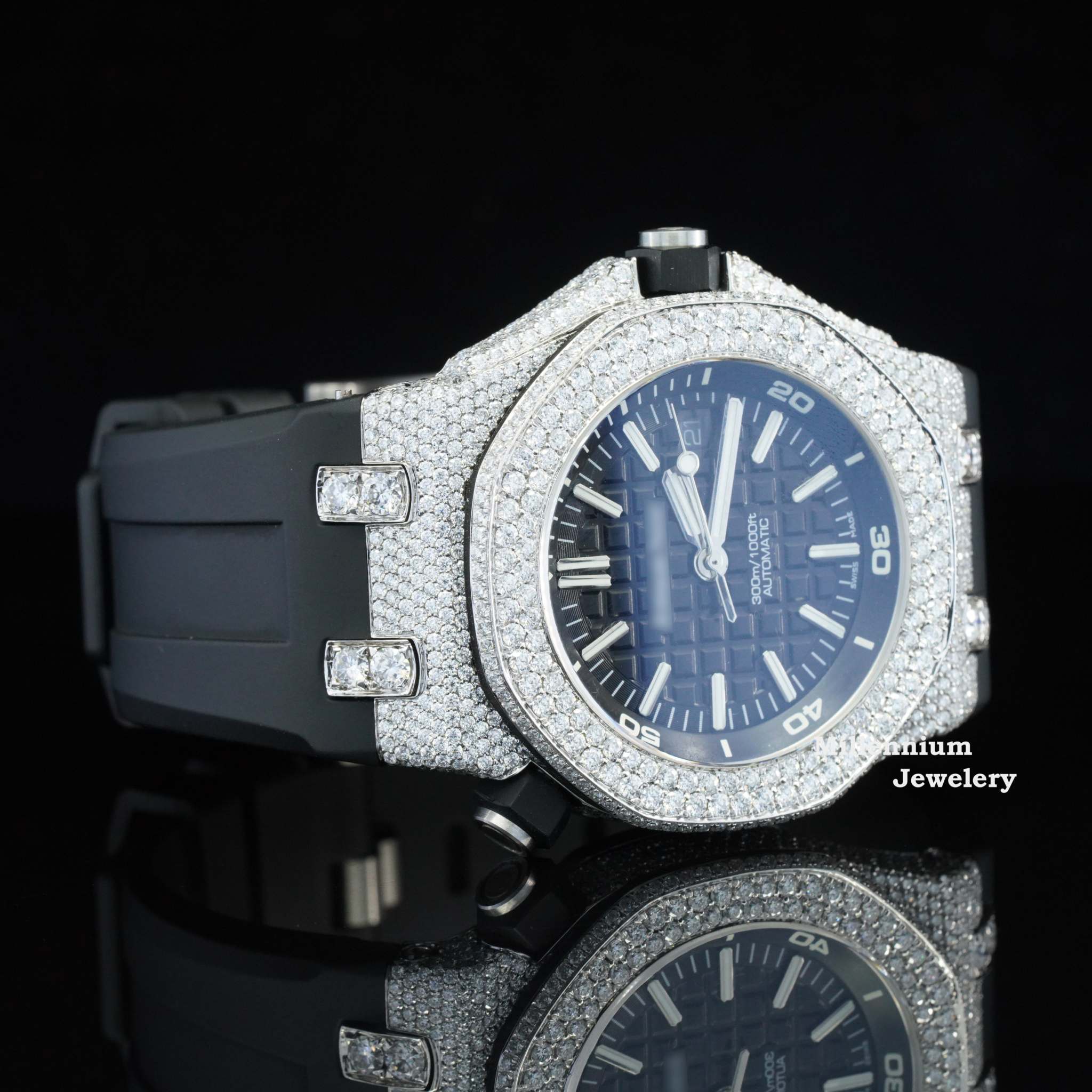 Awesome Two Tone Black Rubber Belt Moissanite Watch For Men