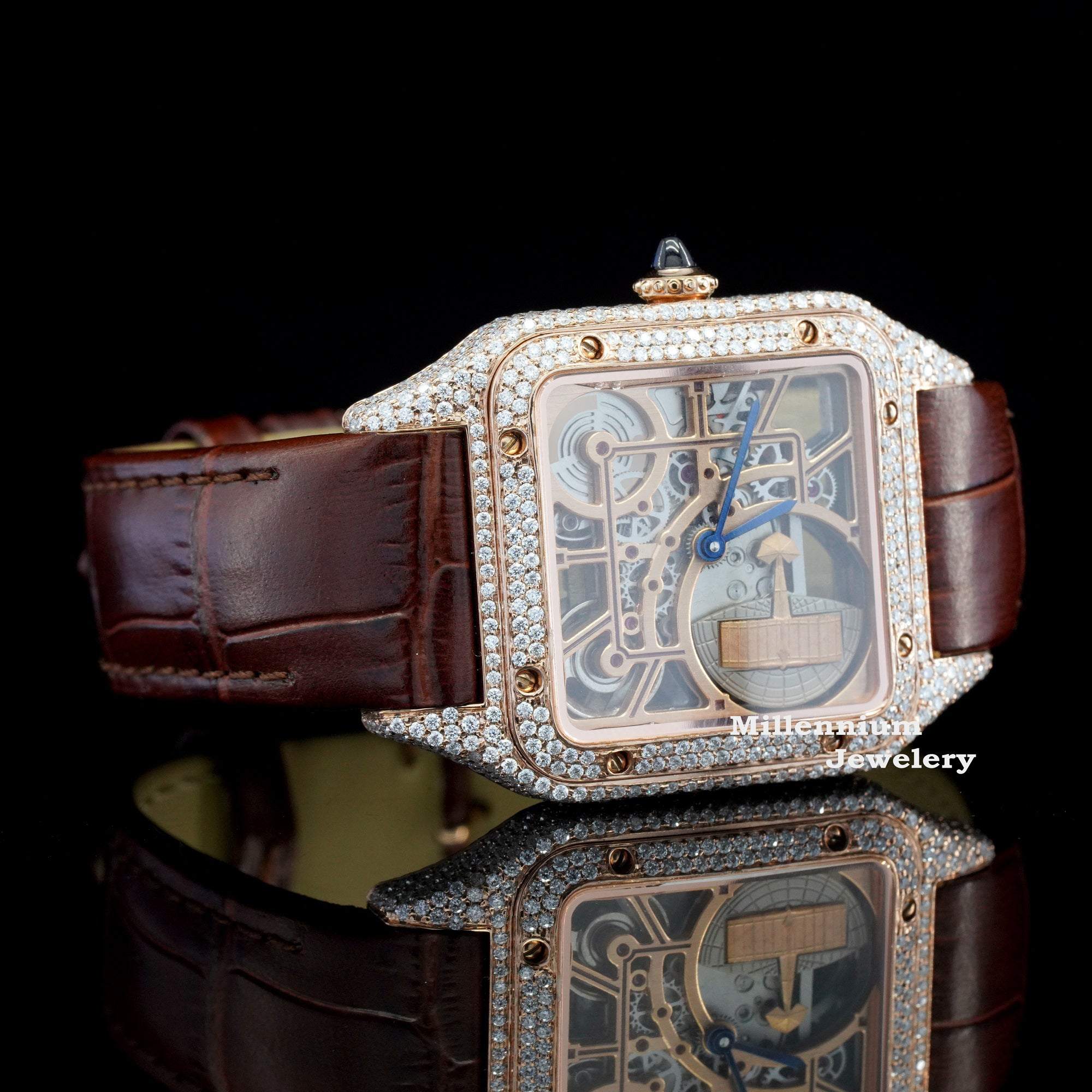 Stylish Moissanite Diamond Automatic Dial with Leather Belt Watch With Gold color Dial