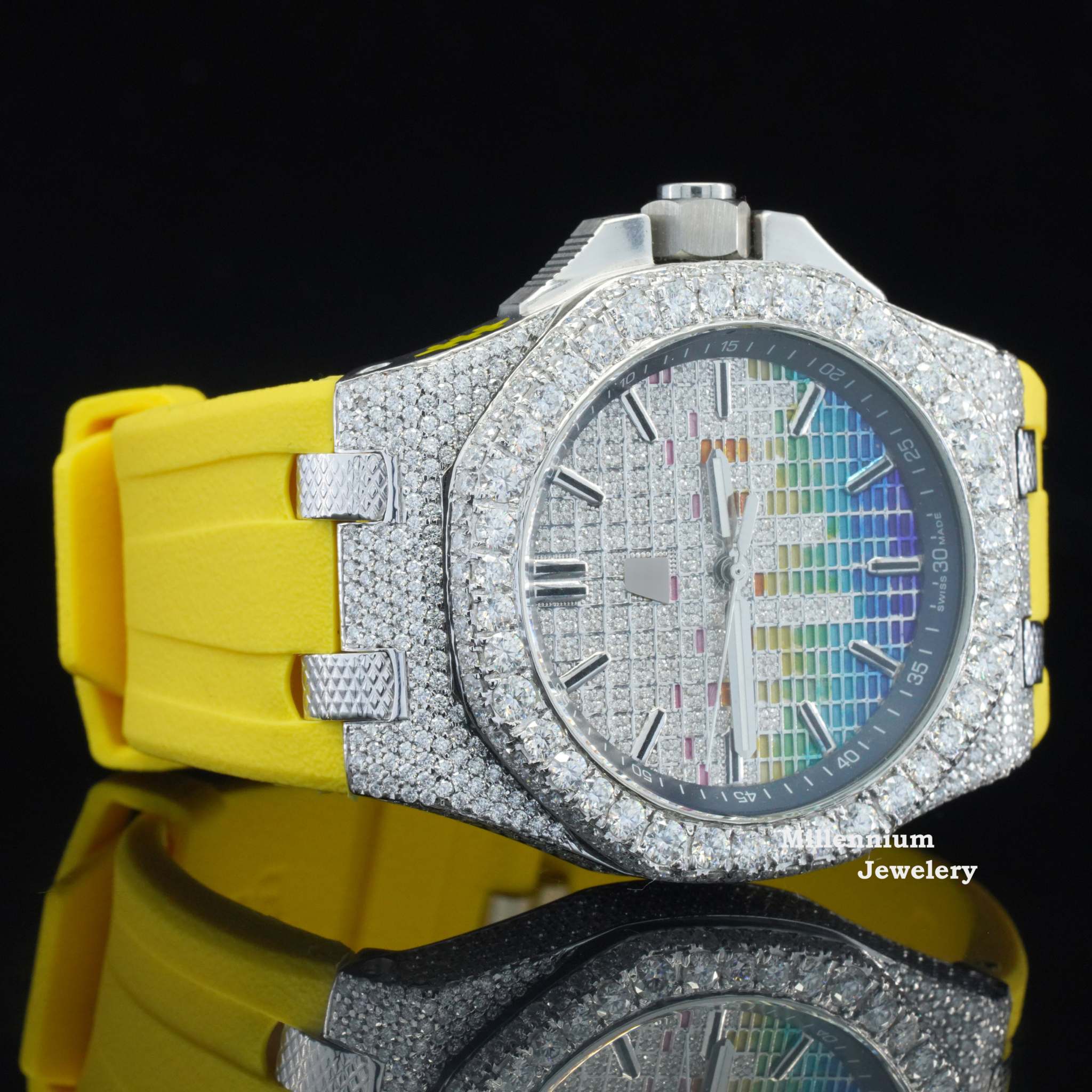 Music Edition Fancy Dial Moissanite Watch With Yellow Rubber Belt With Diamond Dial