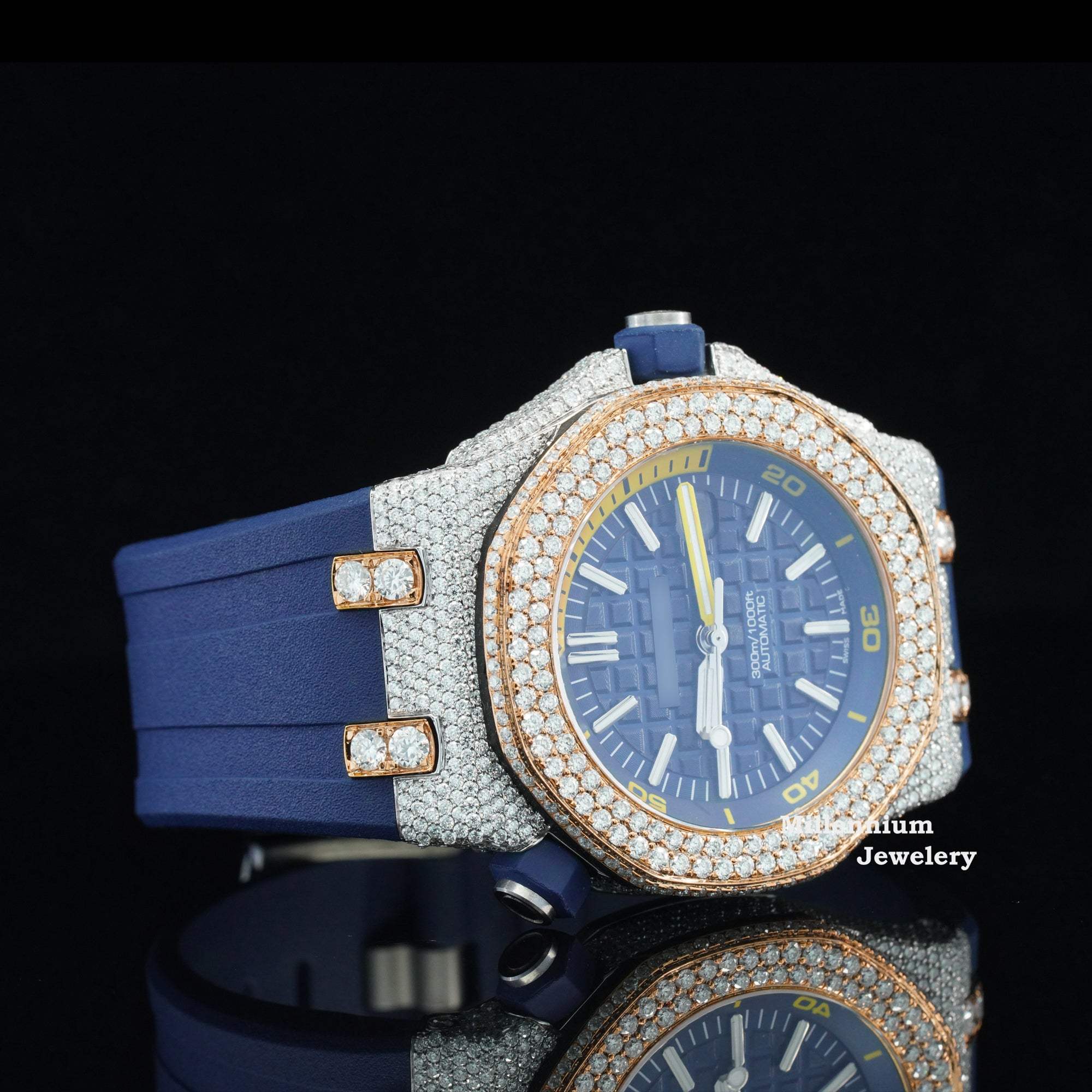 Moissanite Watch Iced Out Blue Color Rubber Belt Automatic Watch Strap