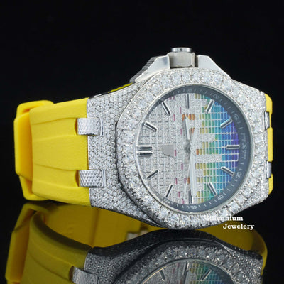 Music Edition Fancy Dial Moissanite Diamond With Yellow Rubber Belt With Diamond Dial