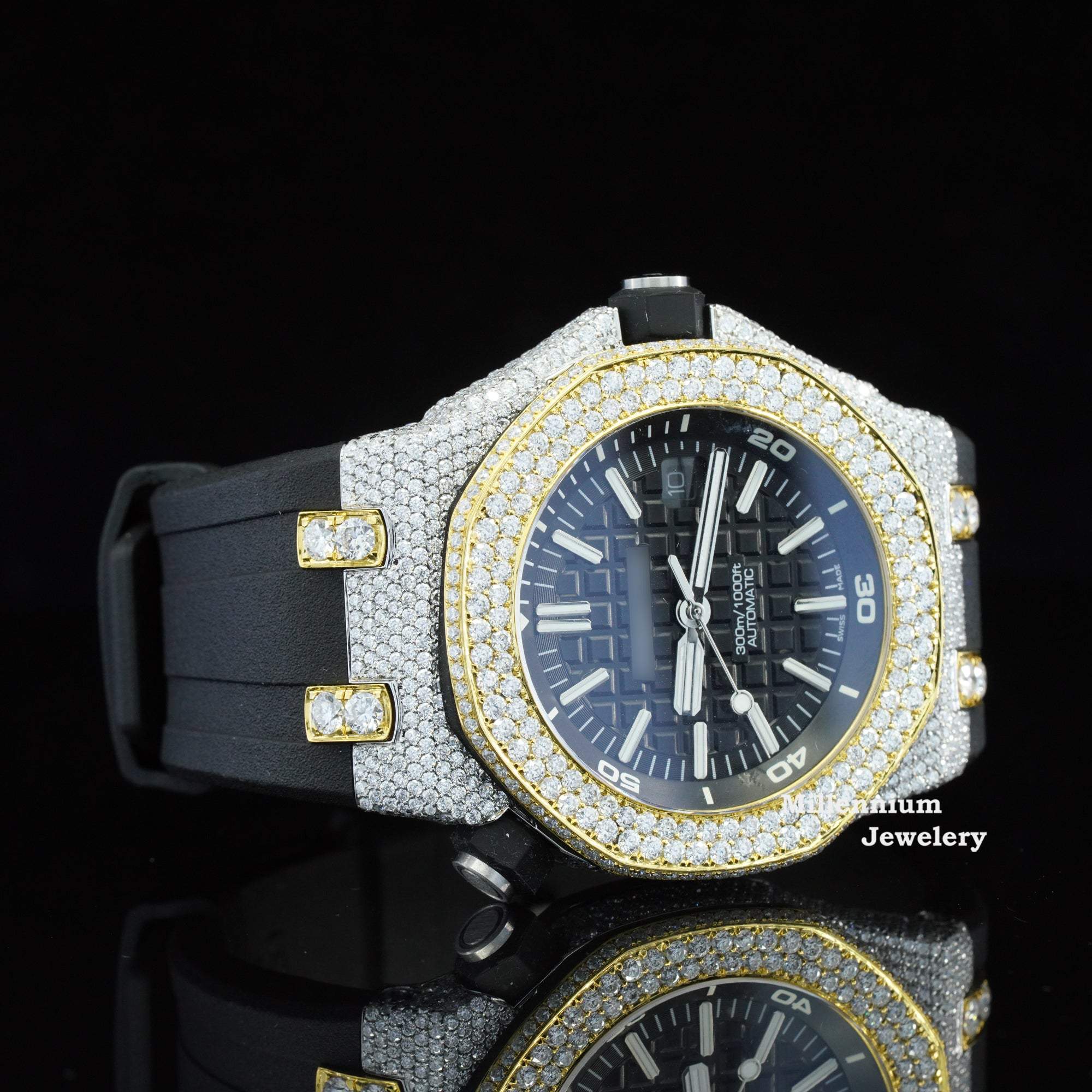 Fabulous Moissanite Wrist Watch With Black Color Belt For Men