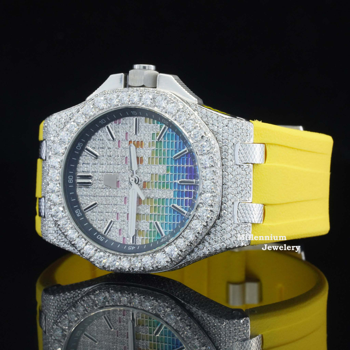 Music Edition Fancy Dial Moissanite Diamond With Yellow Rubber Belt Diamond Colorful Dial