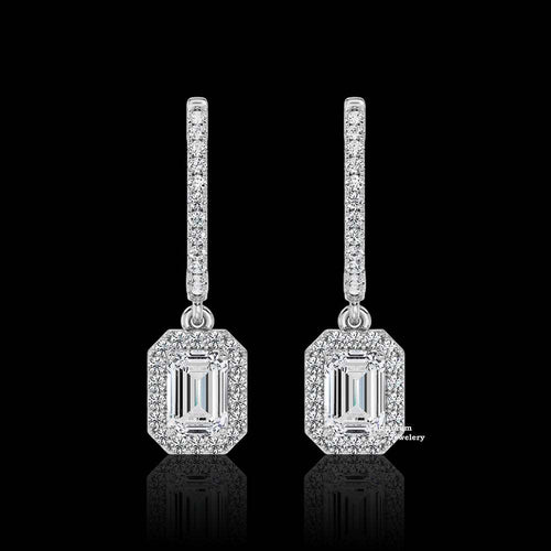 1.50ct Emerald Cut Moissanite Halo Drop Dangle Earrings