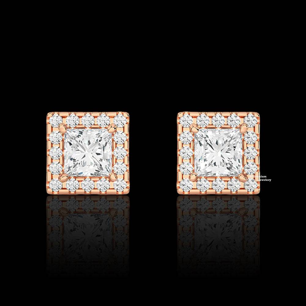 Halo Princess And Round Cut Moissanite Stud Earrings 2ct