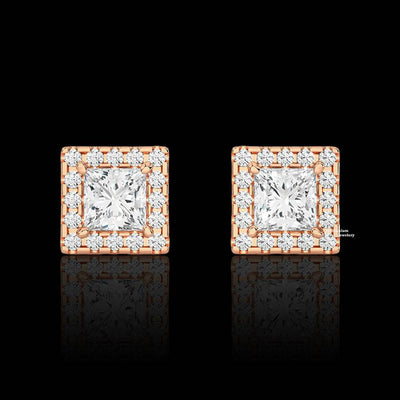 Halo Princess And Round Cut Moissanite Stud Earrings 2ct