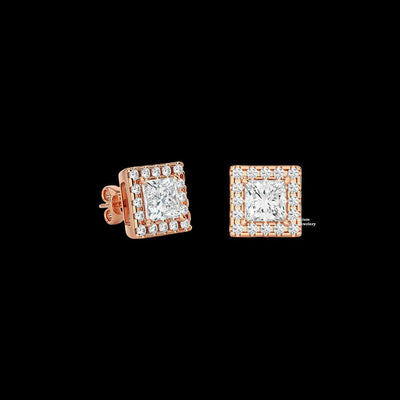 Halo Princess And Round Cut Moissanite Stud Earrings 2ct
