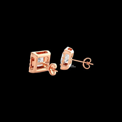 Halo Princess And Round Cut Moissanite Stud Earrings 2ct