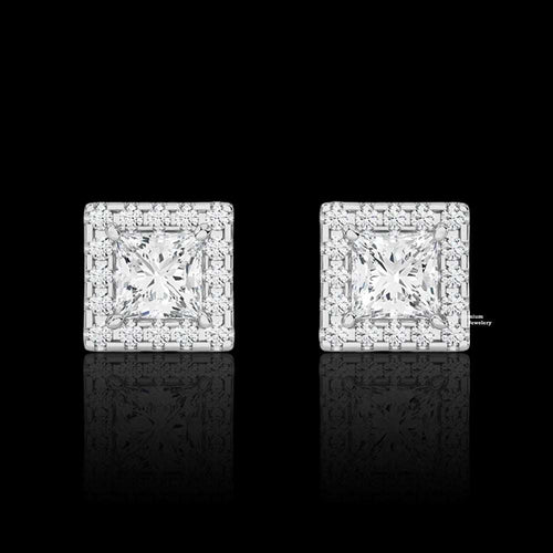 Halo Princess And Round Cut Moissanite Stud Earrings 2ct