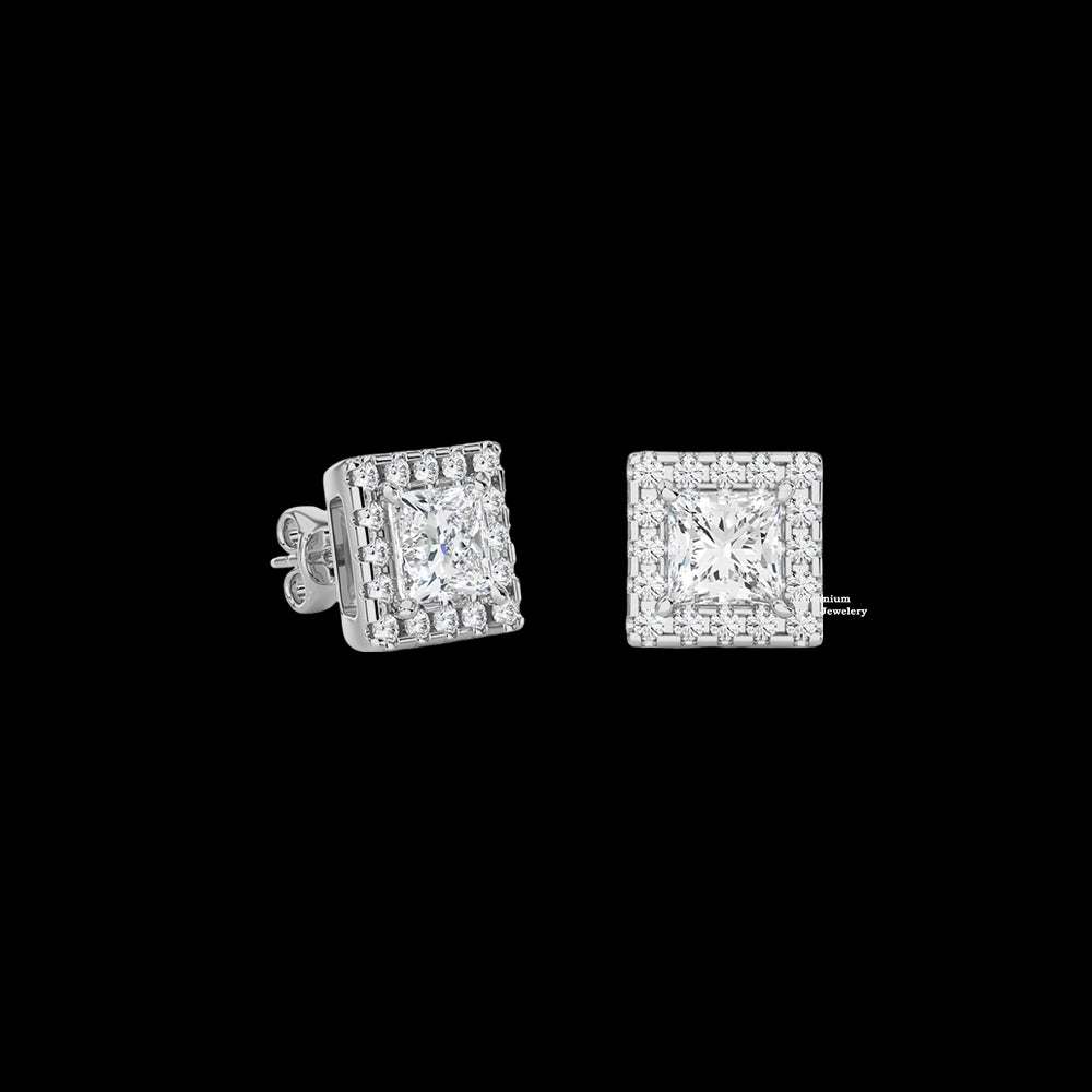 Halo Princess And Round Cut Moissanite Stud Earrings 2ct