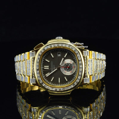 Exceptional Iced Out Automatic Chronograph Waterproof Watch With Gold Color