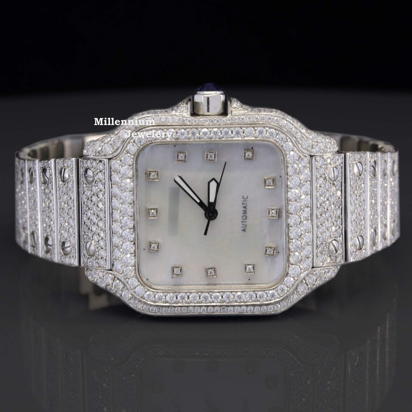 Amazing White Gold Color Moissanite Diamond Automatic Watch With White Gold Color