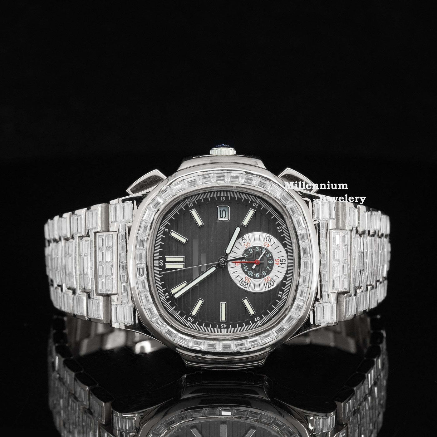 Exceptional Iced Out Automatic Chronograph Waterproof Watch With White Gold Color