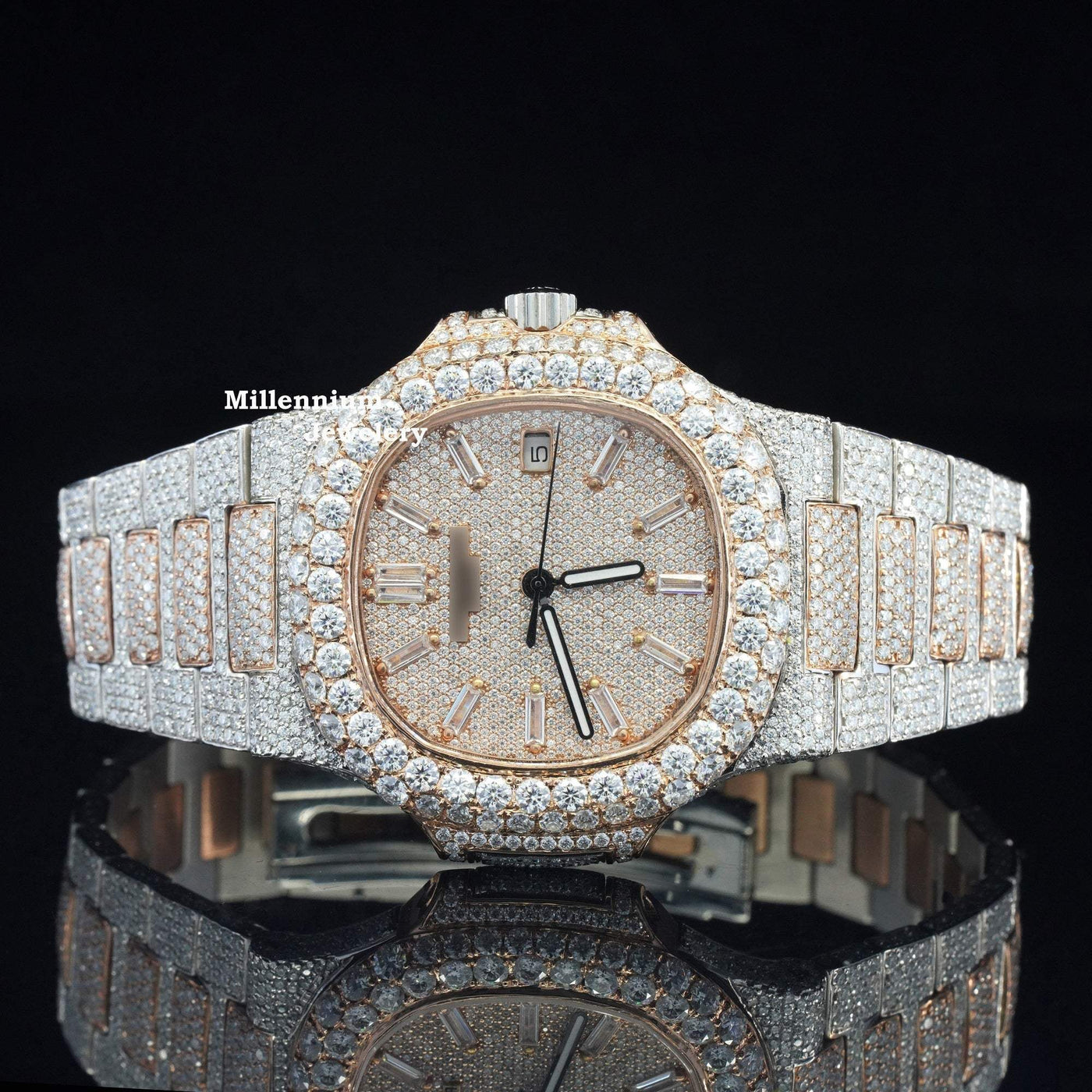 Moissanite Iced Out Sapphire Crystal Glass Automatic Watch With Rose Gold Color