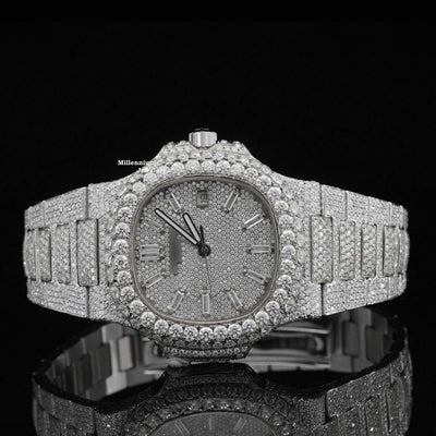 Moissanite Iced Out Sapphire Crystal Glass Automatic Watch With White Gold Color