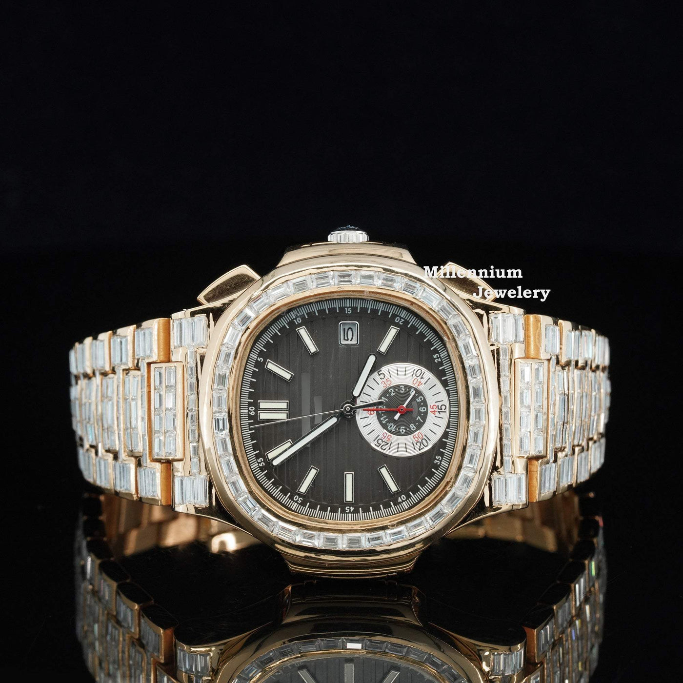 Exceptional Iced Out Automatic Chronograph Waterproof Watch With Rose Gold Color