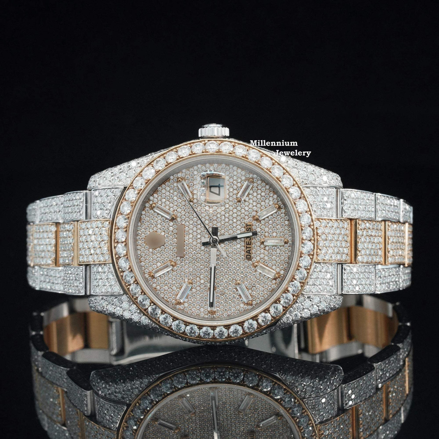 Iced Out Moissanite Watch Diamond Embellished Analog Fully Automatic With Rose Gold Color