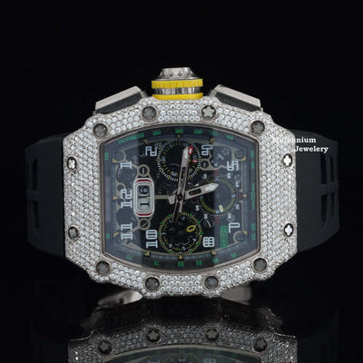 Attractive Iced Out Black Color Belt Automatic Moissanite Watch With White Gold Color