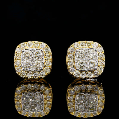 Fancy Halo Pattern Push Back Moissanite Diamond Hip Hop Unisex Earring Gold