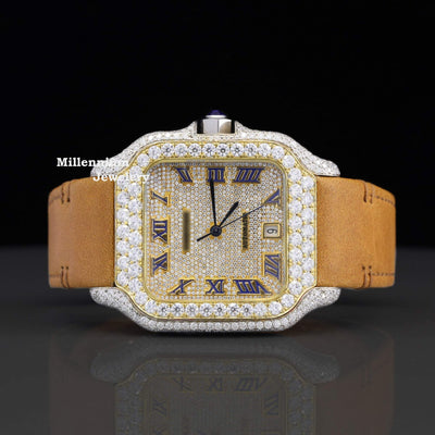 Luxury Brown Leather Belt Moissanite Diamond Iced Out Watch With Gold Color