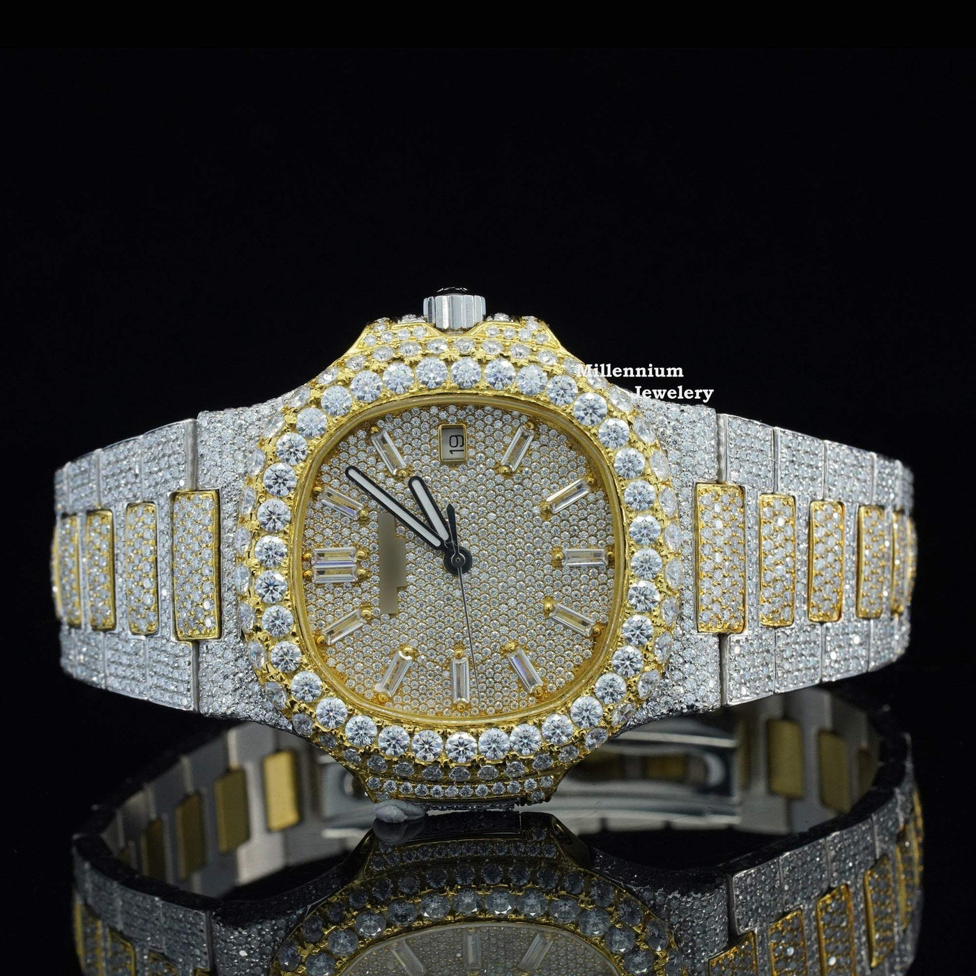 Moissanite Iced Out Sapphire Crystal Glass Automatic Watch With Gold Color