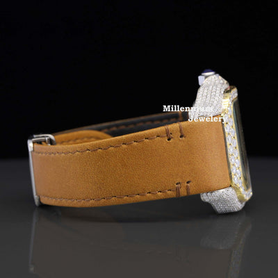 Luxury Brown Leather Belt Moissanite Diamond Iced Out Watch With leather