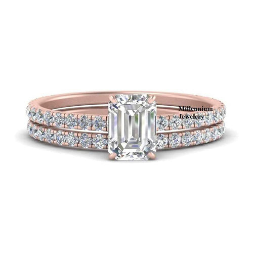 Emerald Shape Moissanite Diamond Hidden Halo Pattern Eternity Ring