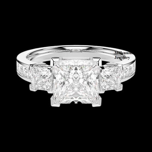 Three Stone and Halo Pattern Princess Cut Moissanite Diamond