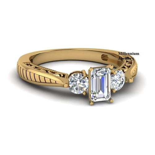 Vintage Style 1.50ct Emerald Cut And Round Cut Three Stone Ring