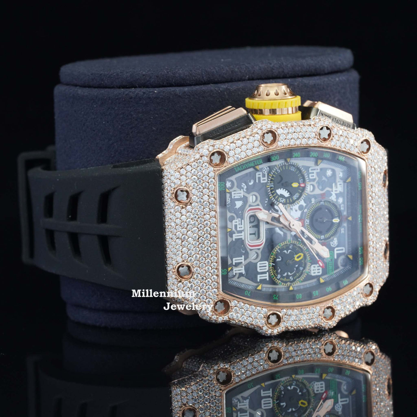 Attractive Iced Out Black Color Belt Automatic Moissanite Watch With Diamond Body