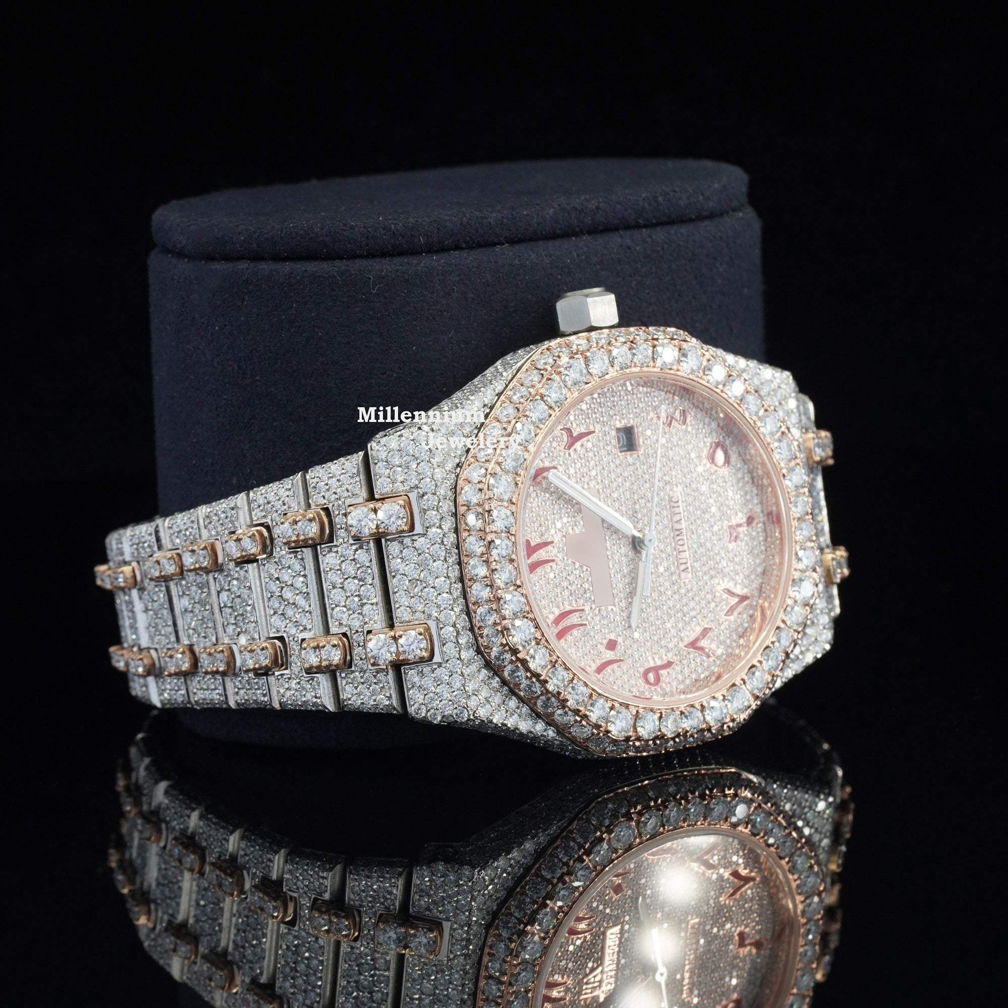Classic Fully Iced Out Moissanite Automatic Movement Two Tone Watch With Diamond Body