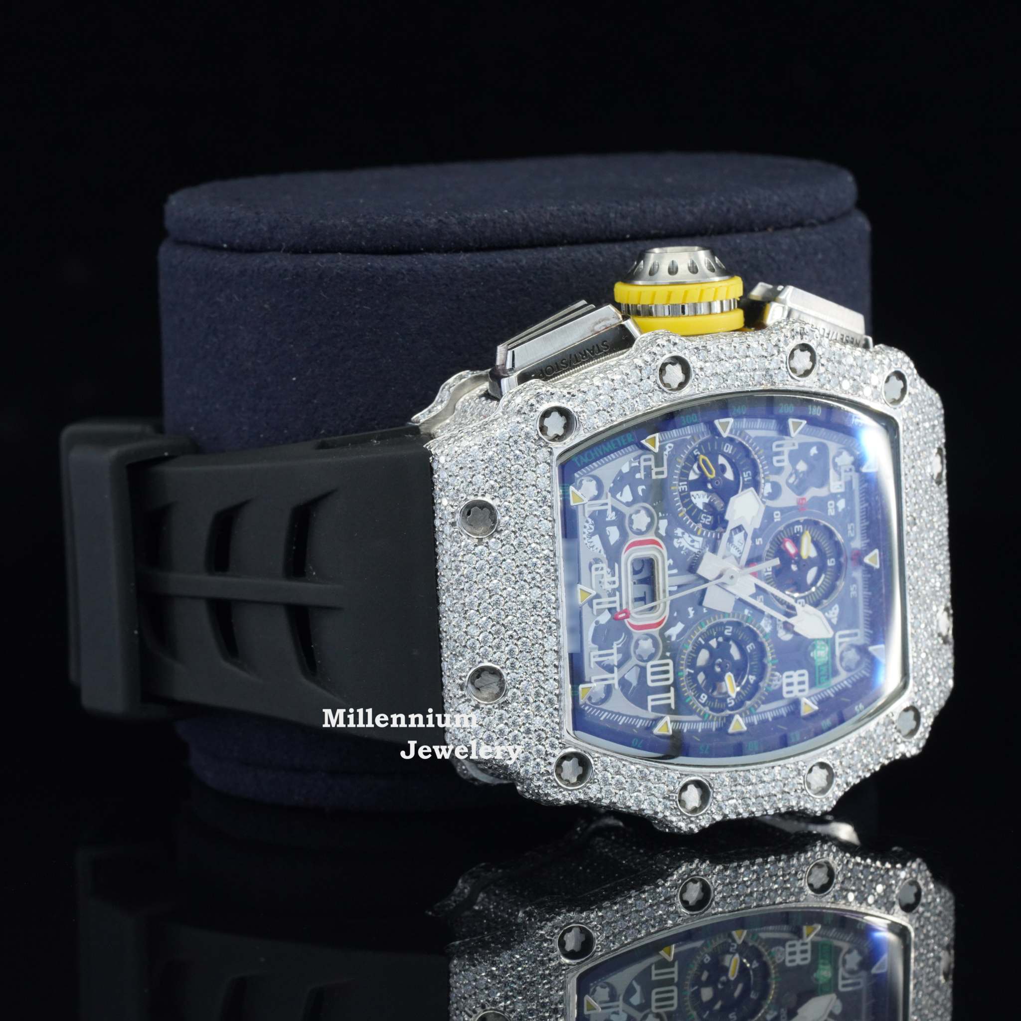 Ravishing Iced Out Black Color Belt Automatic Moissanite Watch Second