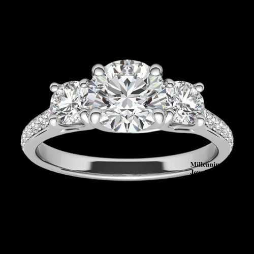 Three Stone Round Cut VVS Clarity Moissanite Diamond Engagement Ring