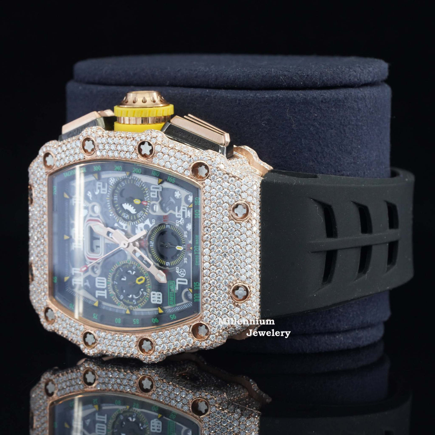 Attractive Iced Out Black Color Belt Automatic Moissanite Watch With Diamond Strap 