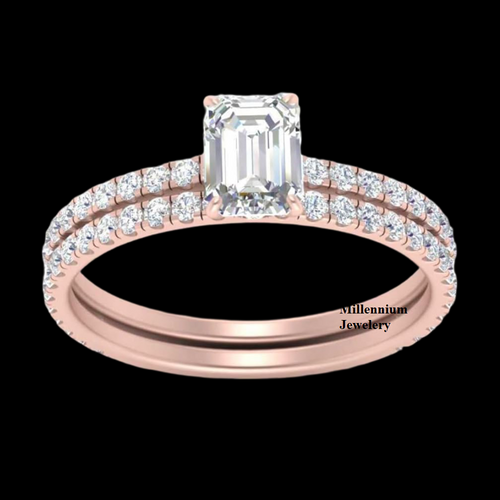 Emerald Shape Moissanite Diamond Hidden Halo Pattern Eternity Ring