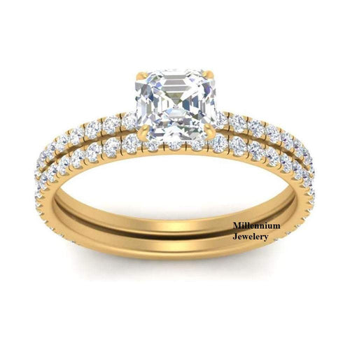 Moissanite Diamond Asscher Shape Hidden Halo Pattern Eternity Ring