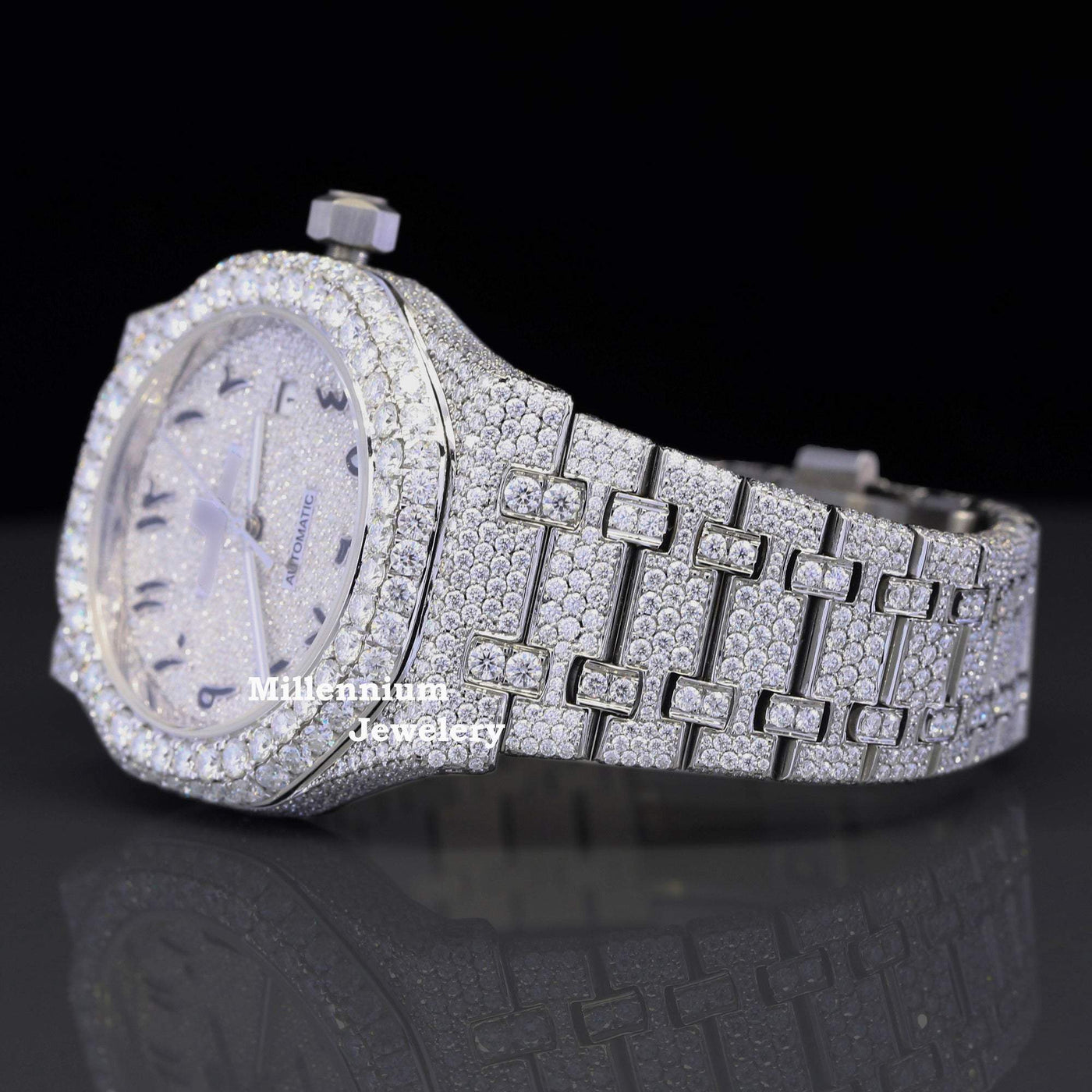 Moissanite Diamond Arabian Number Iced Out Bust Down Automatic Watch With Dial