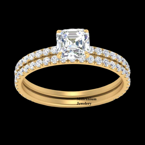 Moissanite Diamond Asscher Shape Hidden Halo Pattern Eternity Ring