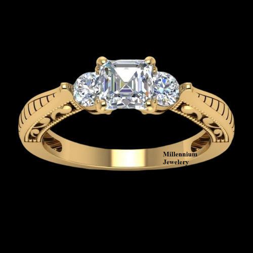 Vintage Style  2.10ct Three Stone Asscher Cut Moissanite Diamond