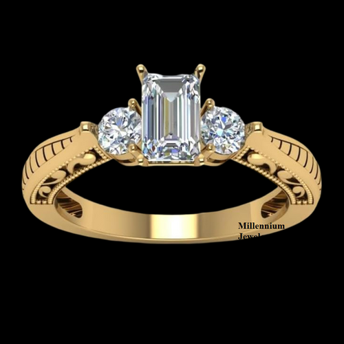 Vintage Style 1.50ct Emerald Cut And Round Cut Three Stone Ring