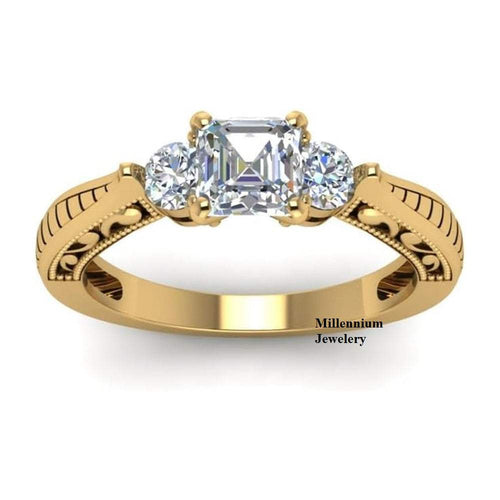 Vintage Style  2.10ct Three Stone Asscher Cut Moissanite Diamond