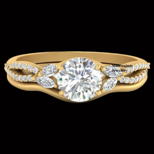 Round Moissanite Diamond Twisted Vine Split Shank With Curved Engagement Ring