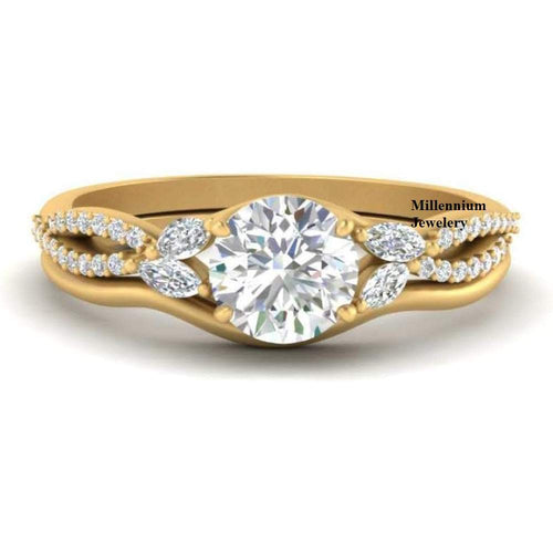 Round Moissanite Diamond Twisted Vine Split Shank With Curved Engagement Ring